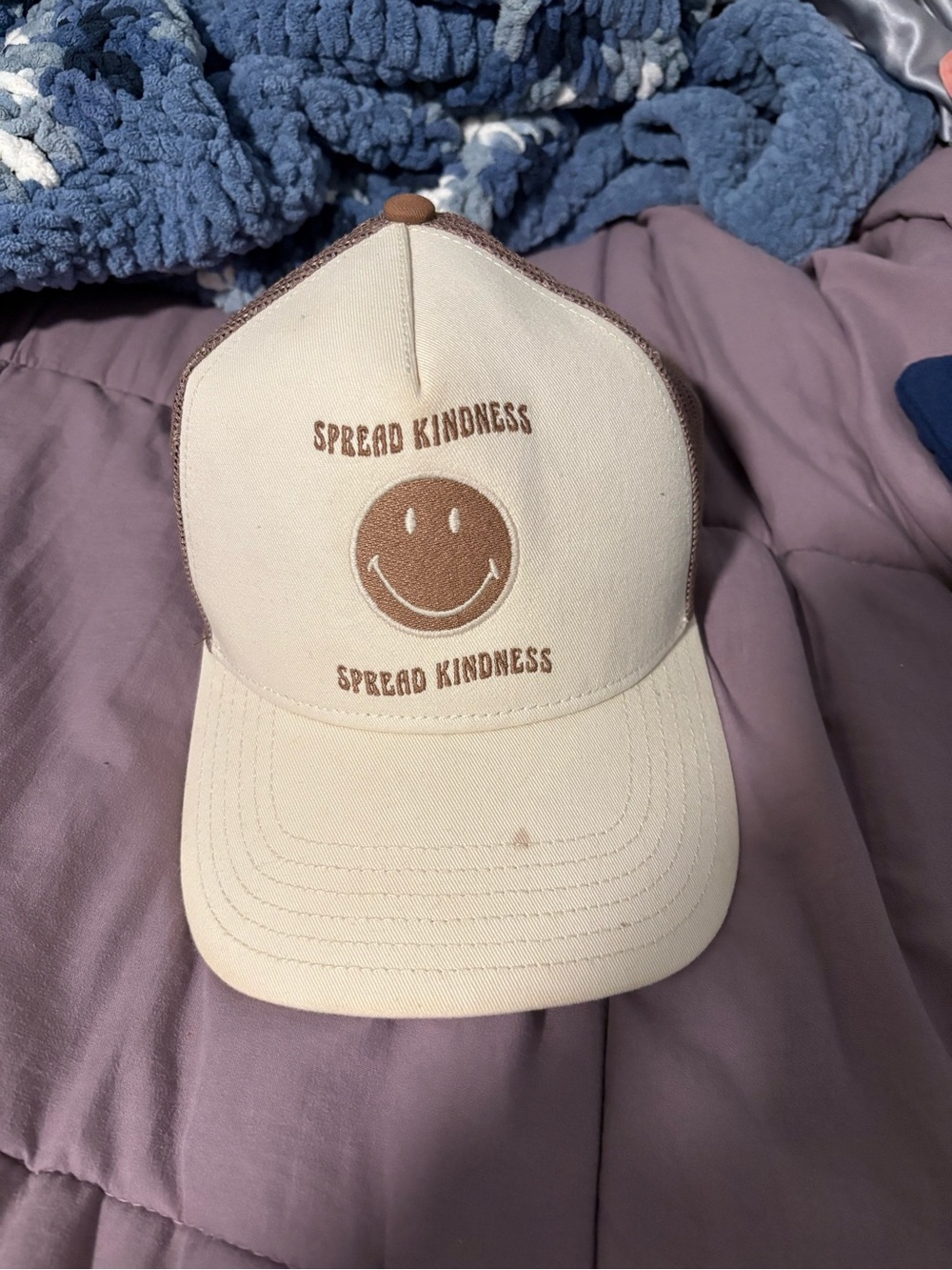 American Eagle Outfitters Cream and Brown 'Spread Kindness' Smiley Hat